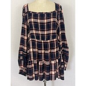 Torrid 3X Navy Plaid Babydoll Slub Top Lace Inset Smocked Tiered Shirt